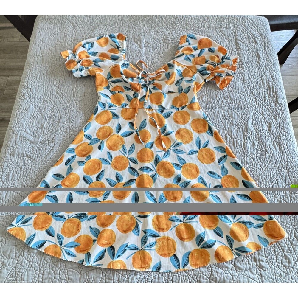 Y2K Babydoll Dress Orange All Over Print Size M Puff Sleeve Resort Cottagecore